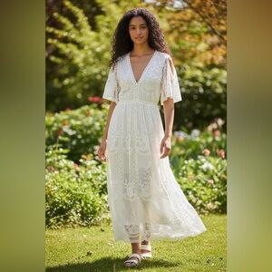 White Lace V-Neck Romper Maxi Dress